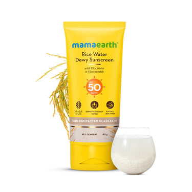 Mamaearth Rice Water Dewy Sunscreen with SPF 50 & PA++++ | UVA & UVB Protection | Tan Protection | Gives Glass Skin Glow | No White Cast | For All Skin Types | 80 g